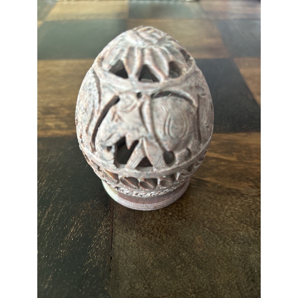 Vintage Hand Carved Soapstone Jali Egg - Elephant Lace Work -Pink Grey 3"